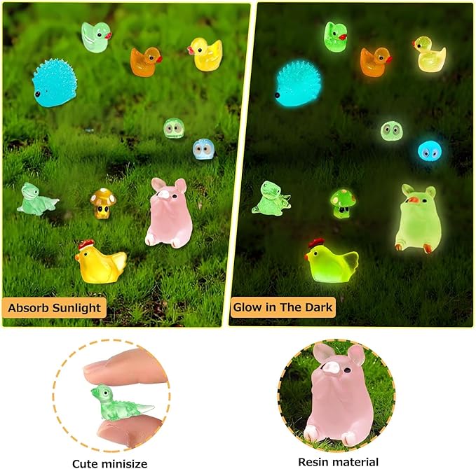 120 PCS Luminous Mini Resin Animal Figurines, 12 Styles, for Miniature Fairy Garden Accessories Micro Landscape Aquarium Garden, Glow in The Dark Tiny Animals