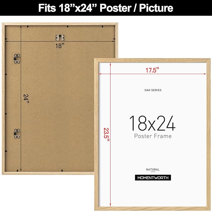Momentworth Minimalist 18x24 Frame, Solid Oak Wood 18x24 Poster Frame for Wall Mount - Wall Decor for Home, Office & Galley (2 Pack,Oak)
