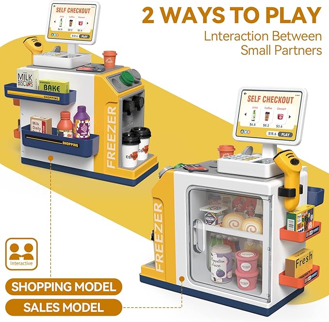 Cash Register Playset for Kids - 48PCS Pretend Play Money, Calculator, Scanner, Credit Card and Play Food for Boys and Girls Ages 3+ (668-125)