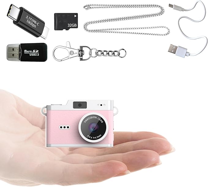 SUMUYO Mini Keychain Camera,1080P Tiny Digital Camera,Pocket Video Recorder with 32GB Card,Fun Funny Gifts for Kids & Adults Stocking Stuffers for Travel,Birthdays Gadgets (Pink)