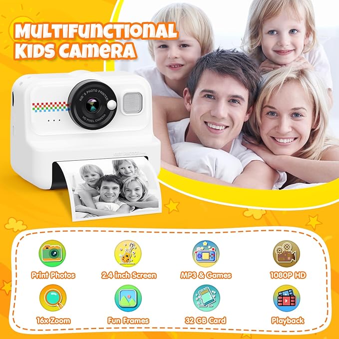Kids Instant Print Camera, 1080P HD Kids Camera Instant Print with 3 Rolls Print Paper & 32GB Card, Ideal Kid Toys Gifts for Boys & Girls Age 3-14 (Black)