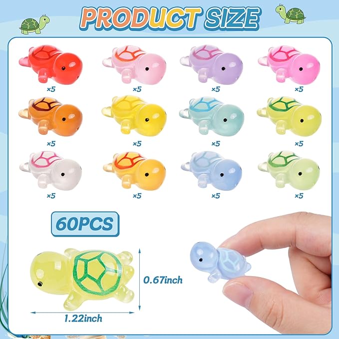 60 Pcs Luminous Mini Resin Turtles Tiny Sea Turtle Glow in The Dark Animals to Hide Small Figures Miniature Plastic Ocean Animal for Dollhouse Home Decor Crafts Fairy Garden Micro Landscape