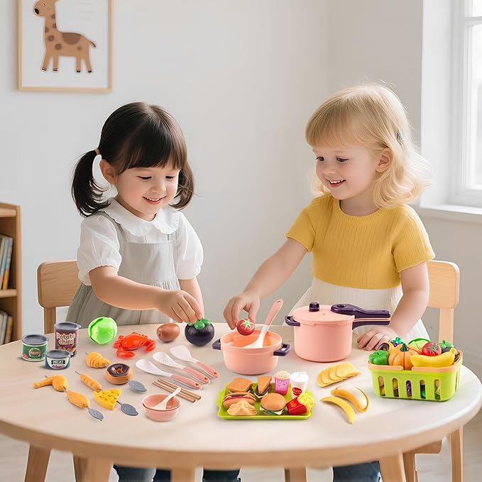 120Pcs Mini Play Kitchen Accessories, Kids Pretend Cooking Playset with Desserts, Cuttable Veggies & BBQ & Storage Basket, Educational Role-Play Gift for Toddlers, Child, Pink