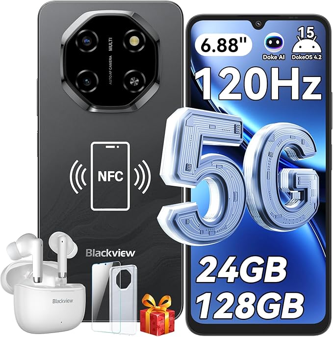 Blackview Shark 6 Unlocked Android Phones 5G (2025), Android 15 Cell Phone Unlocked, 6.88" 120Hz Display, 24GB+128GB/2TB, 16MP+8MP AI Camera, 5000mAh/18W,Fingerprint/Face ID,Dual SIM/GPS/OTG/NFC,Black