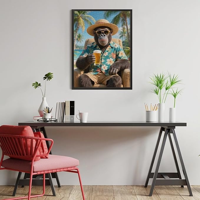Summer Gorilla – 1000 Piece Jungle Wooden Jigsaw Puzzle, Playful Summer Gorilla Artwork, Brain Teaser, Family Fun, Stress Relief