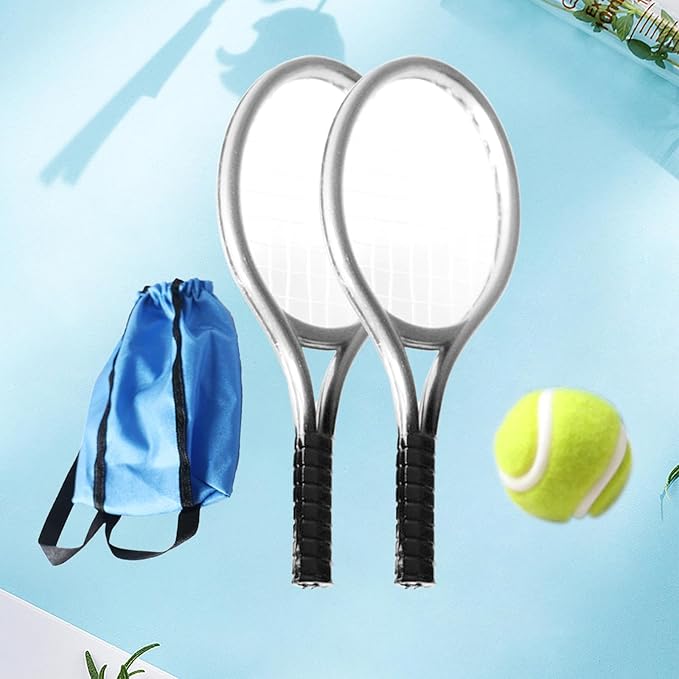 Mini Tennis Racket and Ball Set Mini Tennis Decor Miniature Tennis Kit Adults, Silver