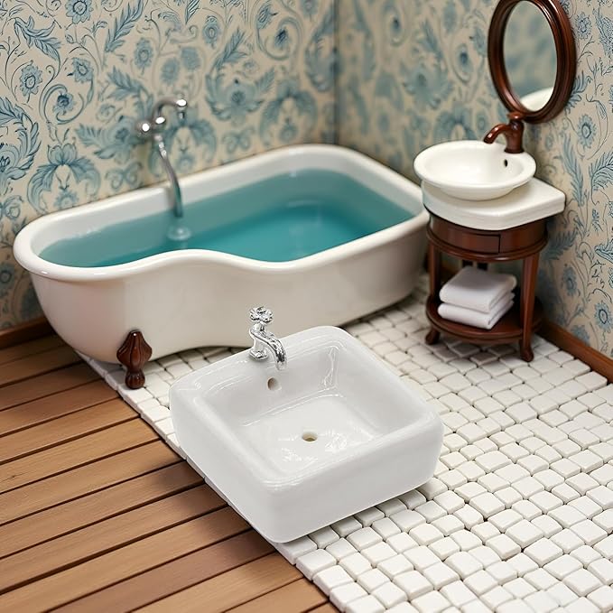1:12 Scale Ceramic Sink with Removable Faucet - Miniature Dollhouse Bathroom and Kitchen Accessories for Victorian Style Decor, Realistic Doll House Furniture (Durable Resin Basin Set)