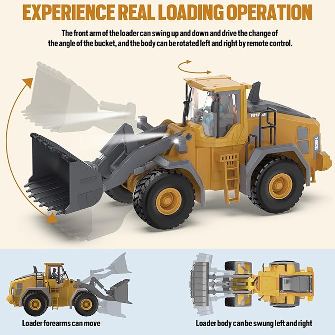 Metal RC Wheel Loader Toy | 9-Channel Remote Control Construction Truck with Realistic Lights & Sounds, 1:20 Scale Rechargeable Vehicle for Boys Ages 3-12, STEM Engineering Gift for Kids 2025