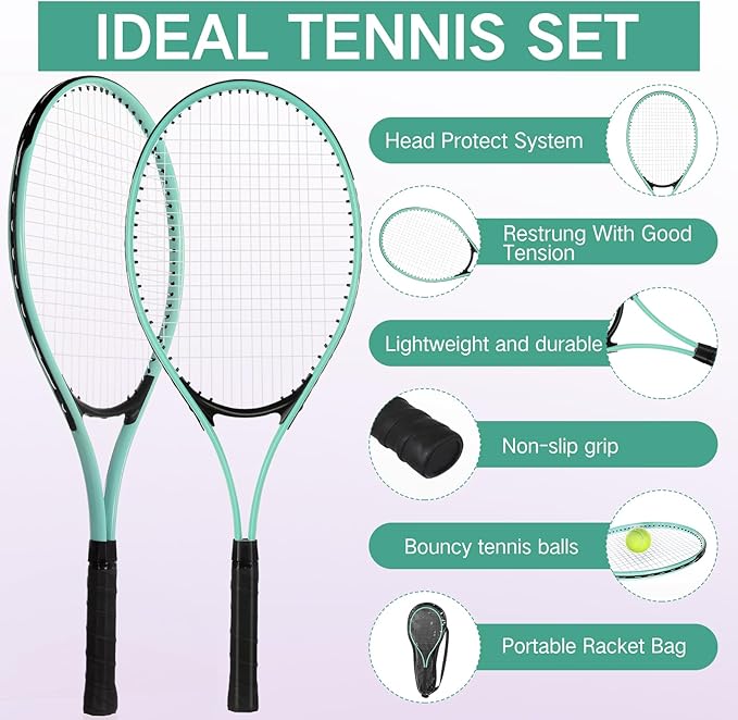 Motionchic 16 Pcs Tennis Rackets for Adult Recreational 8 Players 27" Tennis Racquet Bulk Lightweight Tennis Racket with 8 Tennis Balls for Training Beginners with Overgrips Carry Bag