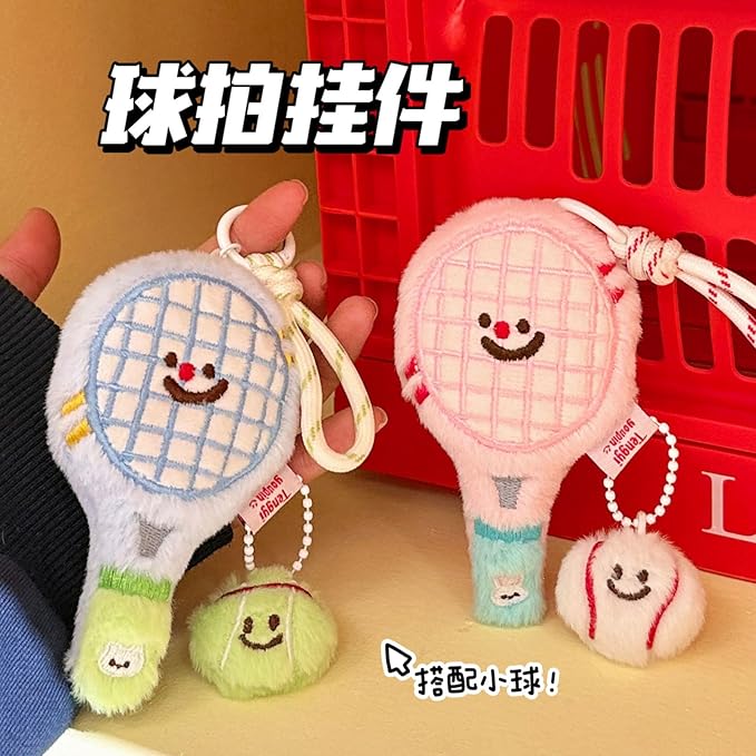 AIETUE Tennis Keychain For Women, Bunny Plush Ball Nylon Rope Doll Little Awakening Color Blocking Gift Accessories