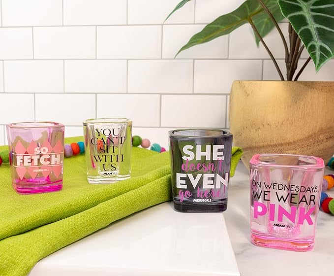 Silver Buffalo Mean Girls Quotes Mini Shot Glasses, Set of 4 | Home Barware For Liquor and Beverages | Each Holds 2 Ounces