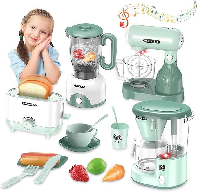 Kids Pretend Play Kitchen Appliance Toy Set with Coffee Maker, Toaster, Blender, Mixer, Kitchen Toys with Light & Sound, Play Kitchen Sets for Girls Boys Age 3 4 5 6