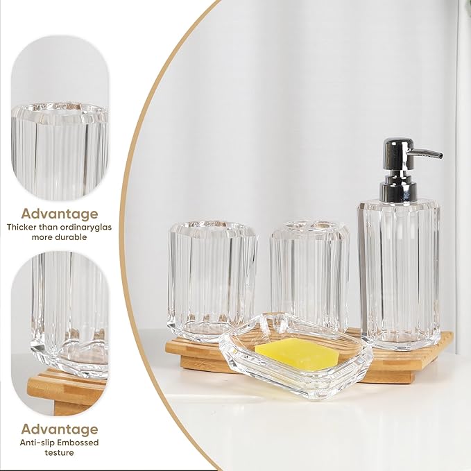 Clear Bathroom Accessories Set, Bathroom Accessories, 4 Pcs Acrylic Bathroom Accessories Sets Hand Sanitizer Bottle, Lotion Can, Separate Bottle, Soap Box, Toothbrush Cup(Clear)