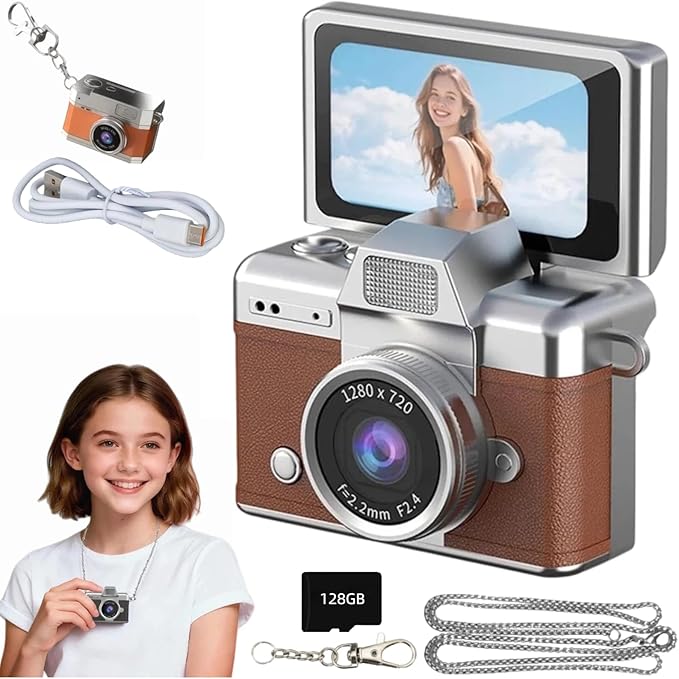 Mini Digital Camera Keychain Retro Mini Digital Video Camera Small 1080P FHD Recording with 0.96" IPS Screen with 6 Retro Filters AVI Format-Ideal for Phone Transfer (128GB, Brown)