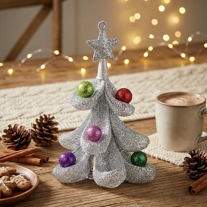 XMIAOX Mini Metal Christmas Tree, 5.9" Handcrafted Wire Mesh Tree Tabletop Hanging Ornament with Star Tree Topper & Colorful Glitter Balls, Sparkling Holiday Decoration for Desk, Shelf & Home Décor
