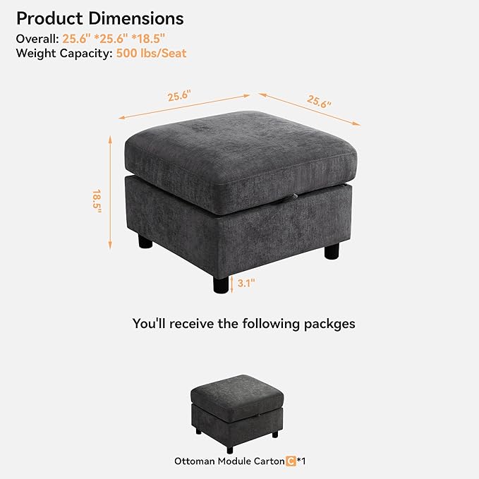 25" Square Storage Ottoman for Modular Couch, Convertible Footrest with Hidden Compartment, Chenille Upholstered Coffee Table & Extra Living Room Seating, Dark Grey