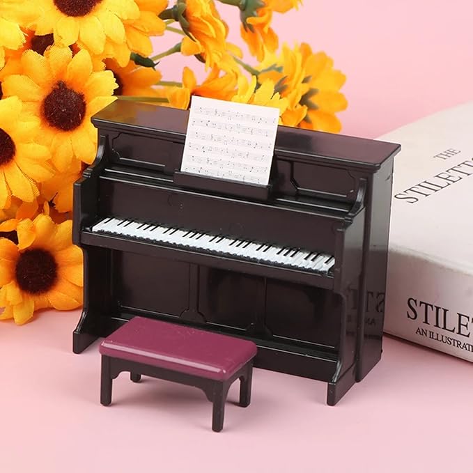 Family Dollhouse Living Room Set — Piano with Bench & Sheet Music, Two Armchairs, Coffee Table, Floor Lamp & Tea Set — Dollhouse Furniture & Accessories for Ages 3+