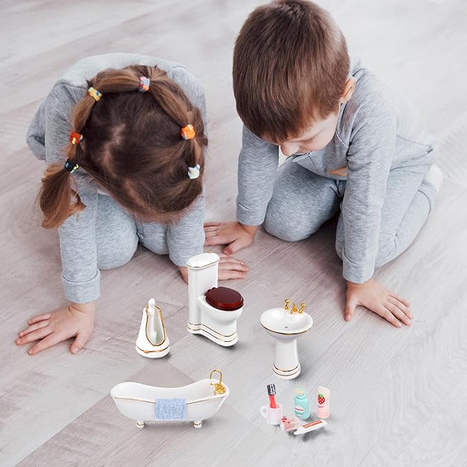 HCEWSBFD 1:12 Dollhouse Miniature Porcelain Bathroom Set 5Pcs White Ceramic Toilet Basin Bathtub Mirror Miniature Furniture with 15Pcs Doll Accessories Comb,Bathball,Water Cup,Toothbrush Toothpaste