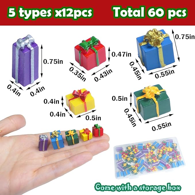 Christmas Miniature Gift Boxes Ornaments,60 Pcs Christmas Tree Mini Resin Presents Charms for Craft Dollhouse and Xmax Mini Decorations
