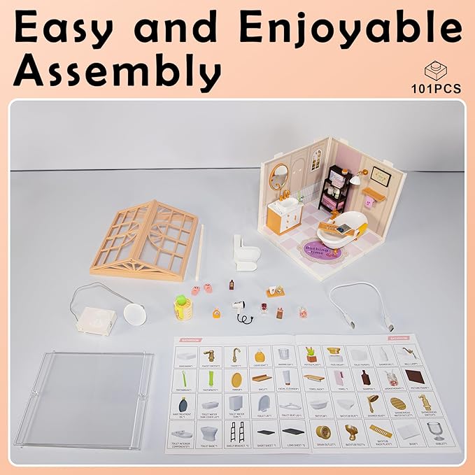DIY Miniature House Kit Gift for Teens, Mini Dollhouse with Roof & Dust Covers, Light, Furniture, Creative Crafts for Adults for Mini Figures & Christmas Decor Gift Idea