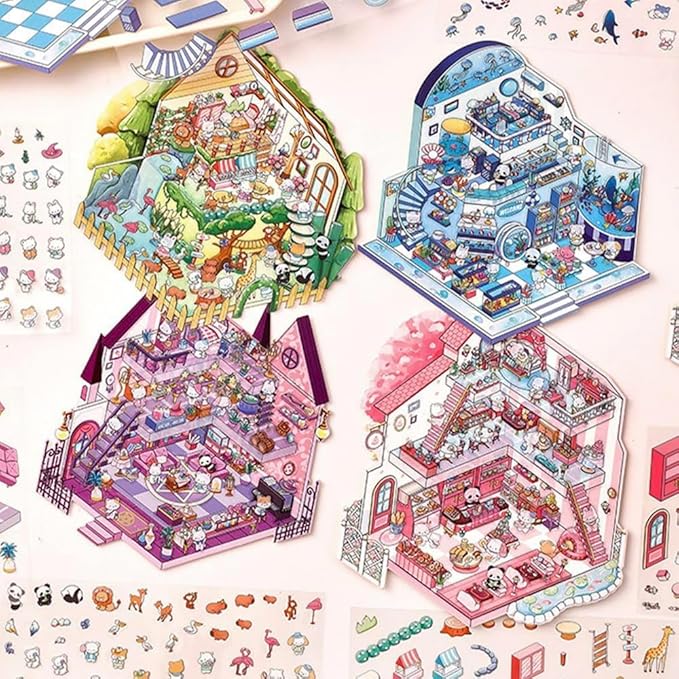 DIY 3D House Stickers Kit - 4 Sets Fun Large House Isometric Stickers Room Cartoon Scenes for Adults, Creative Art for Stress Relief, Pass The Time,Home Decoration, Relaxation Gifts(A2)