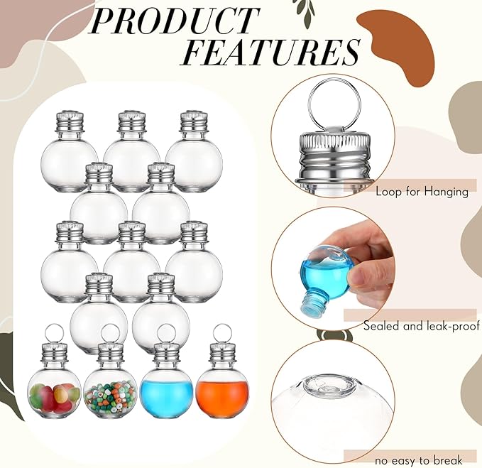 Bokon 50 Pack 1oz Mini Plastic Potion Bottles with Lids, Small Sand Art Bottles Ball Shaped Jar Tiny Clear Wishing Vial for Birthday Christmas Ornaments Halloween Party Decoration DIY Craft (Sliver)