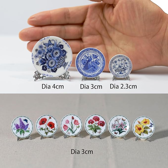 6PCS Handcrafted Miniature Ceramic Plates in 1:12 or 1:6 Scale, Vintage Porcelain Playhouse Dishes (Garden-A, 3CM)