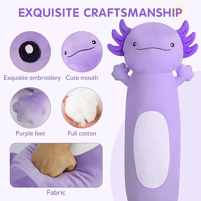 36 inch Cute Giant Purple Axolotl Plush Soft Body Pillow, Large Squishy Plushies Axolotl Stuffed Animals Toy, Gifts for Kids Boys Girls Birthday, Halloween, Christmas