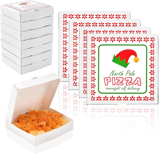 WANGDEFA 50 Pack Elf Mini Pizza Box Square Cardboard Mini Pizza Box with Elf Sticker for Celebrations, Party Favors, Christmas, Birthdays, Valentines Day, Weddings (3.54 x 3.54 x 0.78 inches)