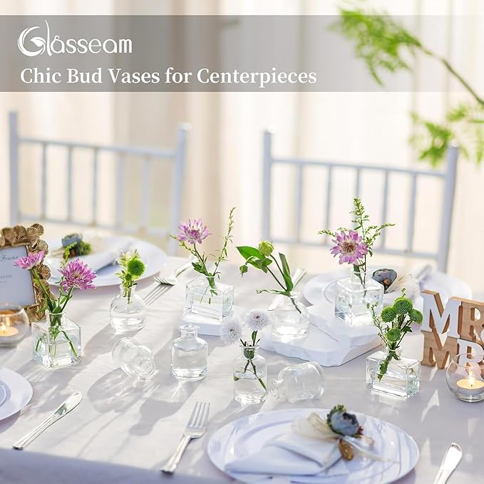 Glasseam Mini Glass Bud Vases: Small Clear Vases for Centerpieces Cute Tiny Flower Vase Set of 5 for Flowers Modern Centerpiece Decor for Wedding Party Dining Room Decoration