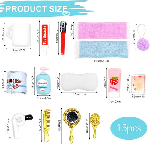 15 PCS Mini Bath Accessories for Dollhouse Decoration, Miniature Toothpaste Toothbrush Bath Sponge Duck