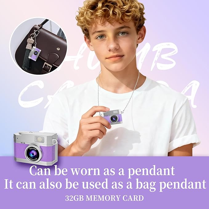 ‌Mini Keychain Digital Camera Purple - HD Mini Digital Camera with 0.96" Flip Screen & 32GB Card,Funny Gifts for Friends,Valentines Day Gifts