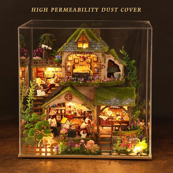 Yuzhen DIY Miniature Dollhouse with Furniture and LED Lights, Wooden Dollhouse Includes Dustcover and Music Movement