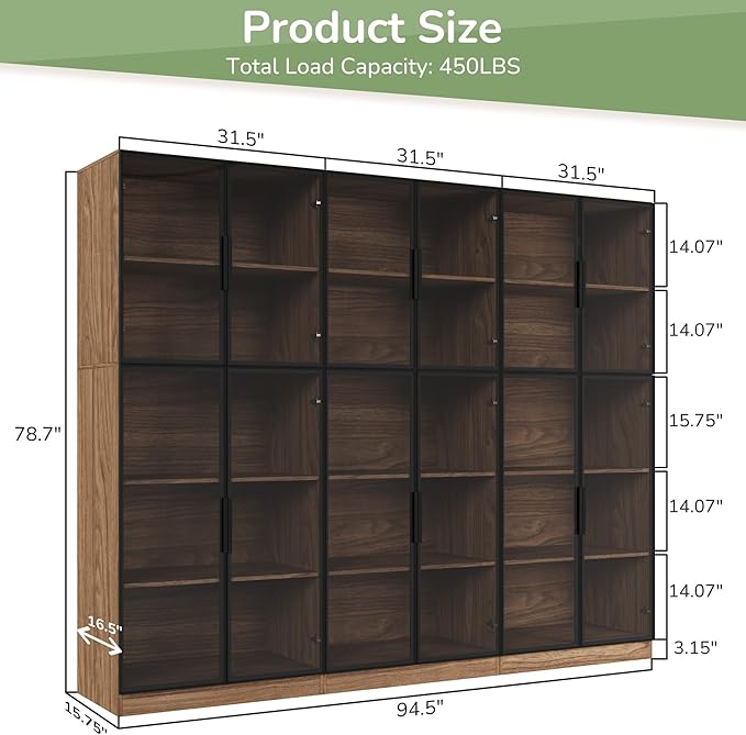 3 Piece Display Cabinet with Glass Doors & Adjustable Lights, 78.7” Tall Display Case with 5 Tier Storage Shelves, Modern Collectibles Cabinet for Living Room, Office, Walnut