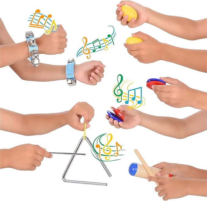 Boxiki kids Musical Instruments Set of 16 PCS - Toddler Educational & Musical Percussion for Kids - with Tambourine, Maracas & Castanets & More to Fine Motor Skills - 3+ Years Olds