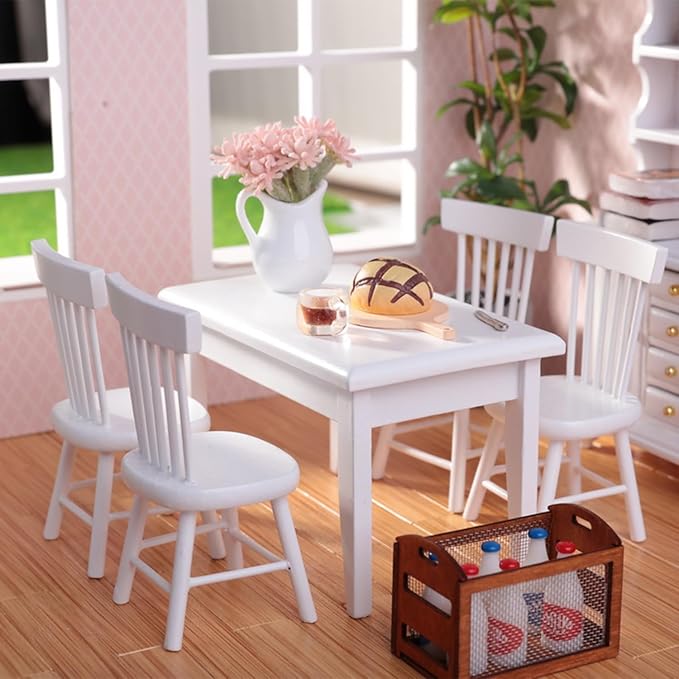 1/12 Dollhouse Table Chair Set, 17pcs Wooden Miniature Kitchen Furniture Set with Breakfast Accessories for Dining Room