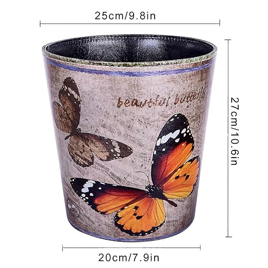 Scakbyer 10L/2.64 Gallon Trash Can, Decorative Waste Basket, PU Leather Waste Paper Basket, Waterproof Garbage Can for Bathroom, Bedroom, Office, Kitchen and Living Room - Orange and Black Butterfly