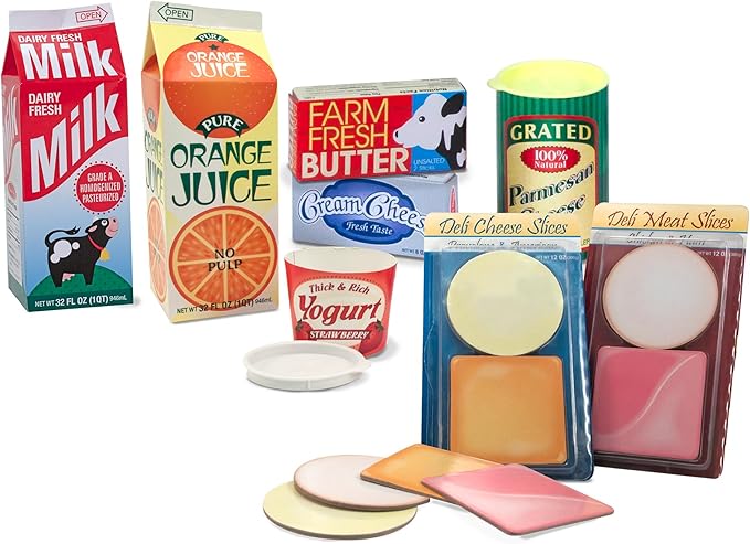 Melissa & Doug Fridge Fillers Grocery Play Food Cartons (8 Pieces) Wooden Toy Groceries, Pretend Play Food, Kitchen Accessories for Kids Ages 3+ - FSC Certified