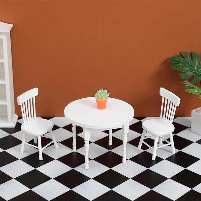 Vaguelly 1 Set Dollhouse Dining Table and 2 Chairs,1/12 Scale Miniature Table Chair Set,Wooden Dollhouse Kitchen Furnitures Miniature Chairs and