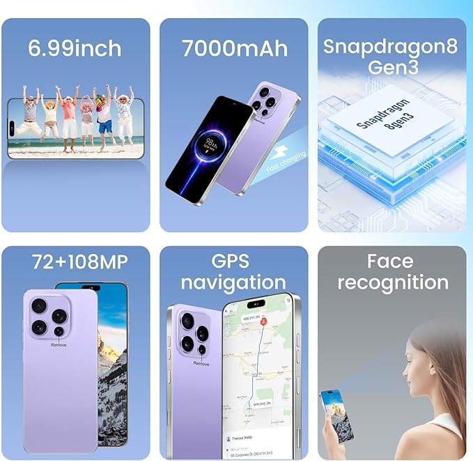 Huness I16PROMAX 16+1TB Smartphone Unlocked Cell Phone,6.99" HD Screen Unlocked Phones,Battery 7000mAh Android 14,Face ID/Fingerprint Button unlock/Photos/5G/Dual SIM/GPS (Purple, 16+1TB)