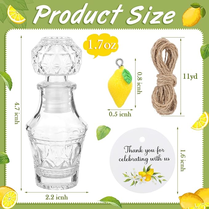 Chuangdi 16 Sets Mini Limoncello Glass Bottles Limoncello Bottles with Labels 1.7 oz Lemon Pendants Lemon Party Favors for Homemade Brewing Wedding Baby Shower Gifts(Retro)