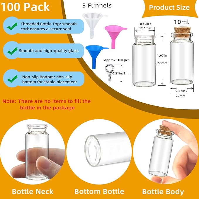 100Pcs 10ml Mini Glass Bottles with Cork Stoppers - Small Clear Vials for DIY Crafts, Wedding Favors, Halloween Decor, Wishing Spell Jars, Includes Funnel-(22 * 50 mm)
