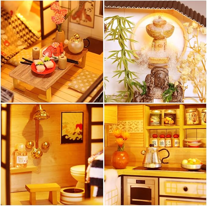 Yuzhen DIY Miniature Dollhouse Kit with Furniture and LED Lights, Japanese Wooden Dollhouse Includes Dustcover and Music Box, Decent Gift for Adults or Kids