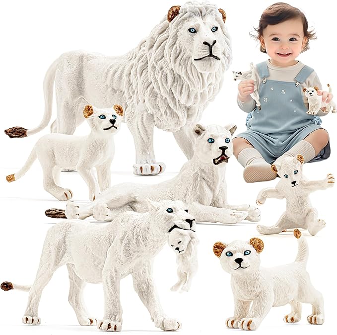 6PCS White Lion Toys Figurines Pride, African Jungle Animals Lion Family, Realistic Zoo Animal Toys, Preschool Toy Birthday Gift Cake Toppers for Kids Boys Girls