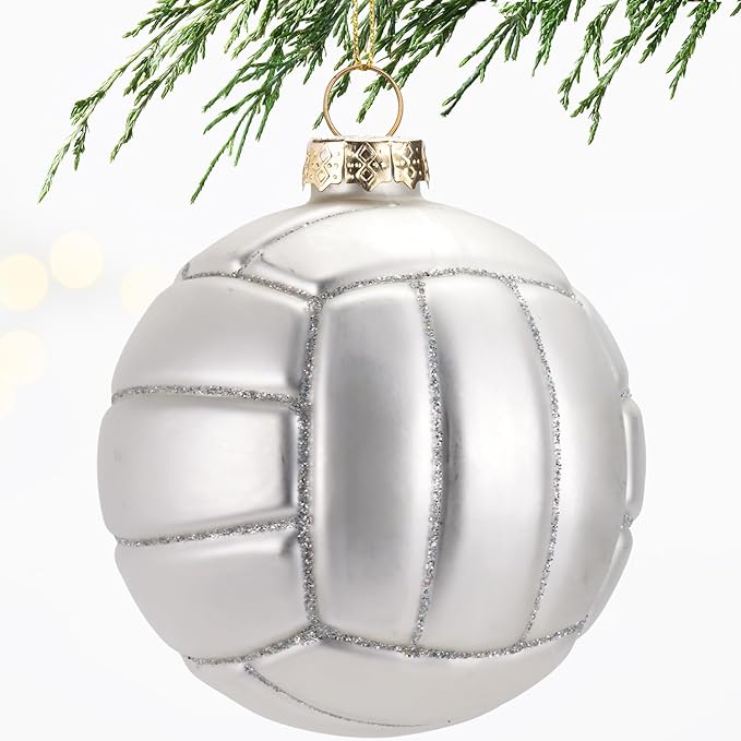3.15” Christmas Volleyball Glass Blown Ornament, 2025 Hand-Painted Small Mini Sports Ball Decoration for Boys and Girls, Xmas Tree Holiday Decor Kids Themed Party Gifts