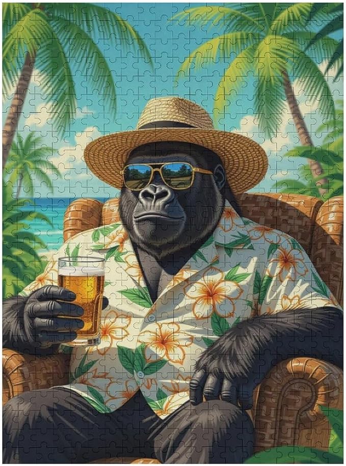 Summer Gorilla – 1000 Piece Jungle Wooden Jigsaw Puzzle, Playful Summer Gorilla Artwork, Brain Teaser, Family Fun, Stress Relief