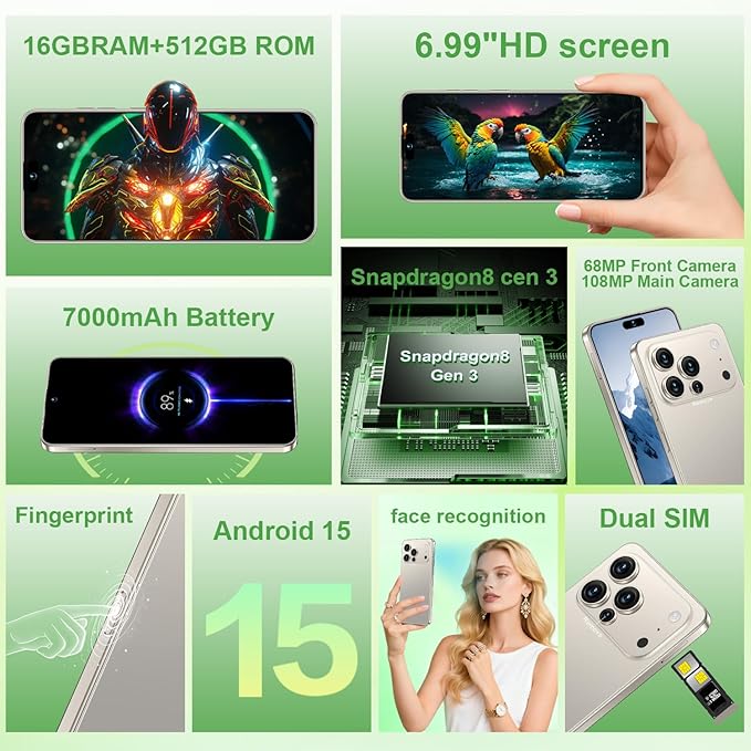 Huness I17PROMAX Smartphone Unlocked Cell Phone,6.99" HD Screen Unlocked Phone,16+512GB Android 15 Battery 7000mAh,Face ID/Dual SIM/5G/Fingerprint Button Unlock/Photos/GPS (Grey, 16+512G)