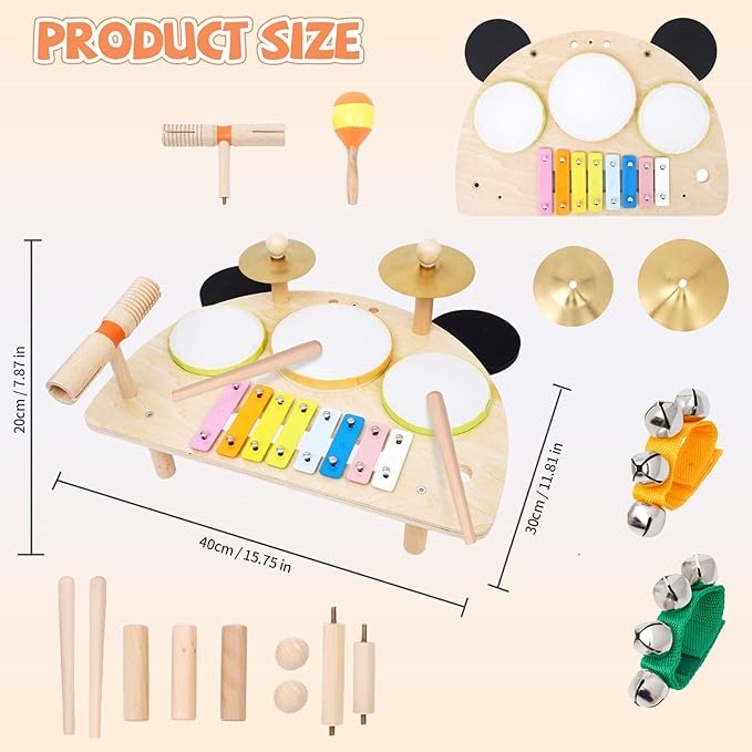 Kids Drum Set, Montessori Musical Instruments for Toddlers 1-3, Wooden Baby Musical Toys, Musical Activity Table Preschool Learning Xylophone Drum Kit, Christmas Birthday Gift for Boys Girls Ages 1-3