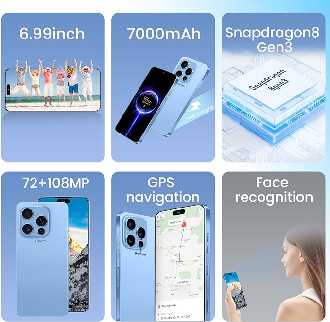 Huness I16PROMAX 16+1TB Smartphone Unlocked Cell Phone,6.99" HD Screen Unlocked Phones,Battery 7000mAh Android 14,Face ID/Fingerprint Button unlock/Photos/5G/Dual SIM/GPS (Blue, 16+1TB)