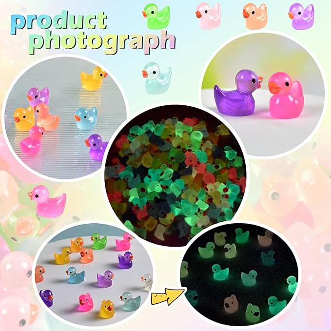 120Pcs Mini Resin Ducks Luminous Mini Ducks Glow in The Dark, Tiny Ducks to Hide, Little Ducks, Miniature Ducks for Garden Micro Landscape DIY Craft Accessories Ornament Charms Party Toys